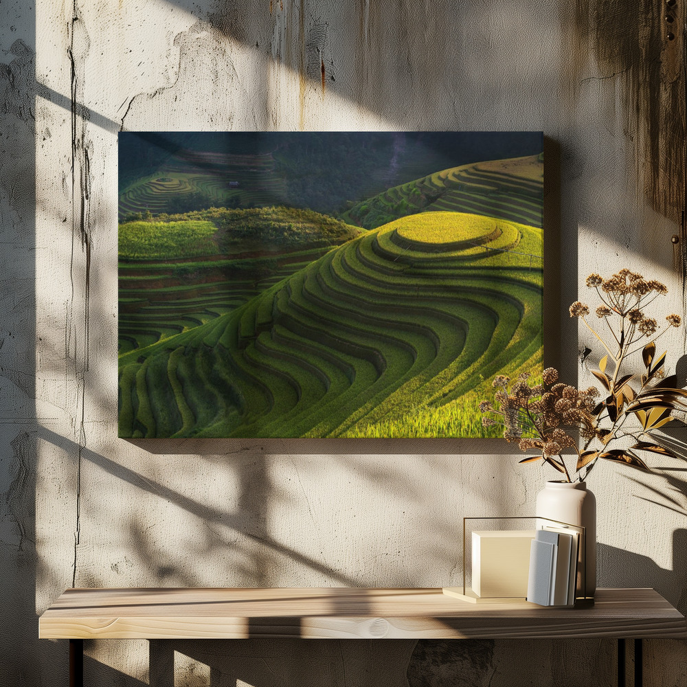 Canvas taulu - Gold rice terrace in mu cang chai,Vietnam. ruokapöydän yli