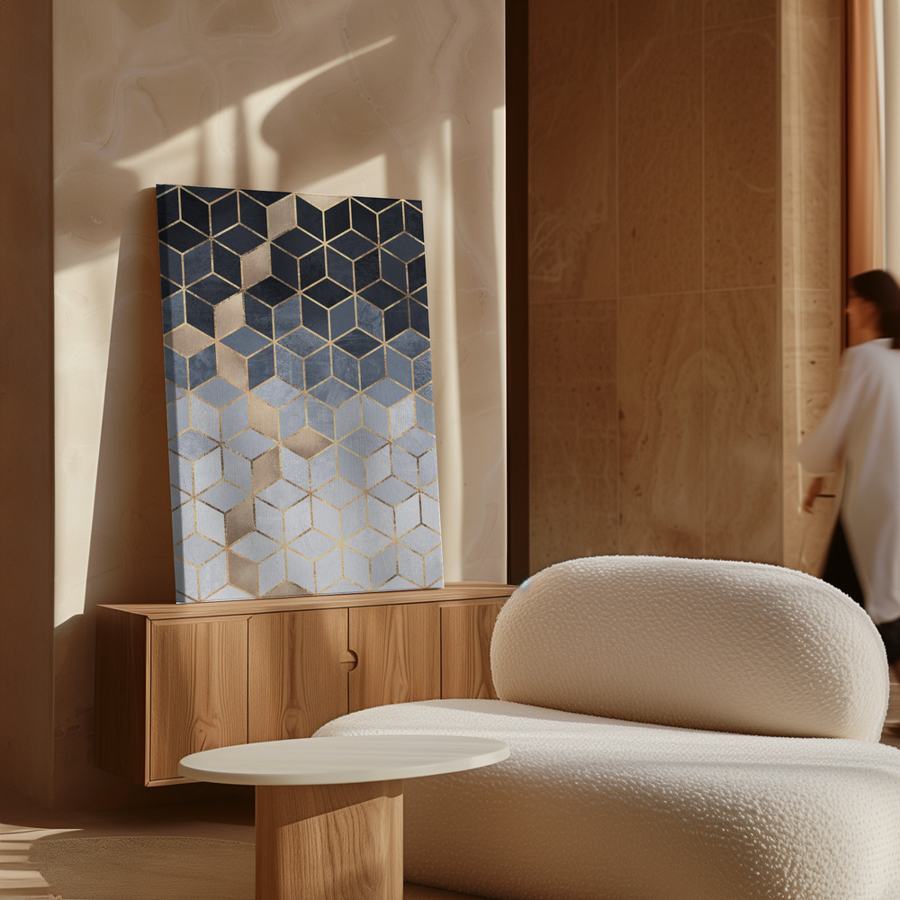 Stampe su tela - Soft Blue Gradient Cubes sopra il mobile