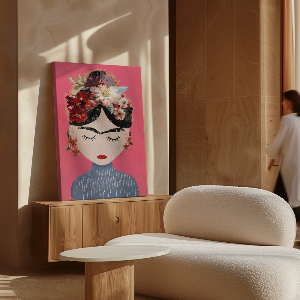 Stampe su tela - Frida (Pink Version) sopra il mobile