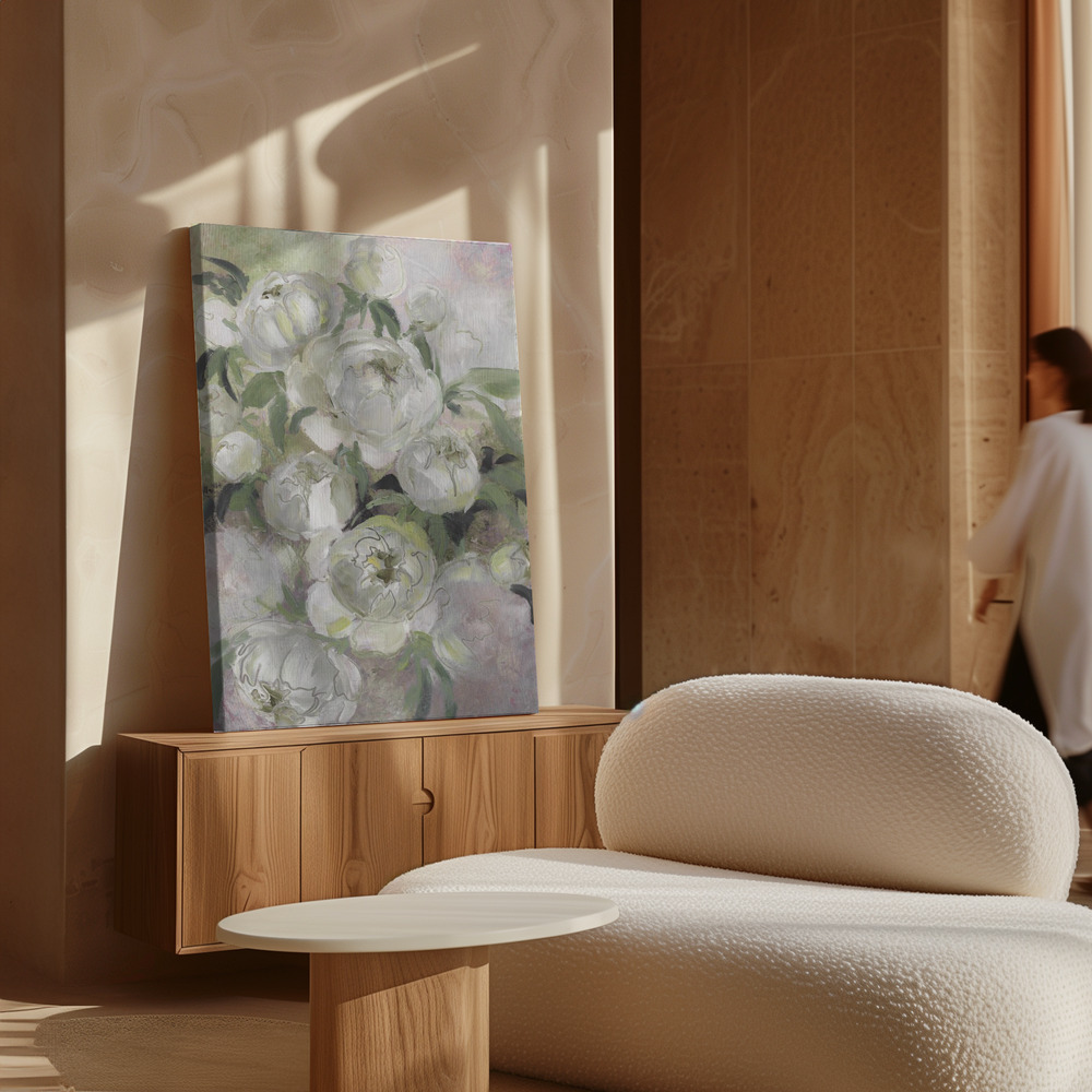 Canvas print - Sady painterly florals in green over cabinet