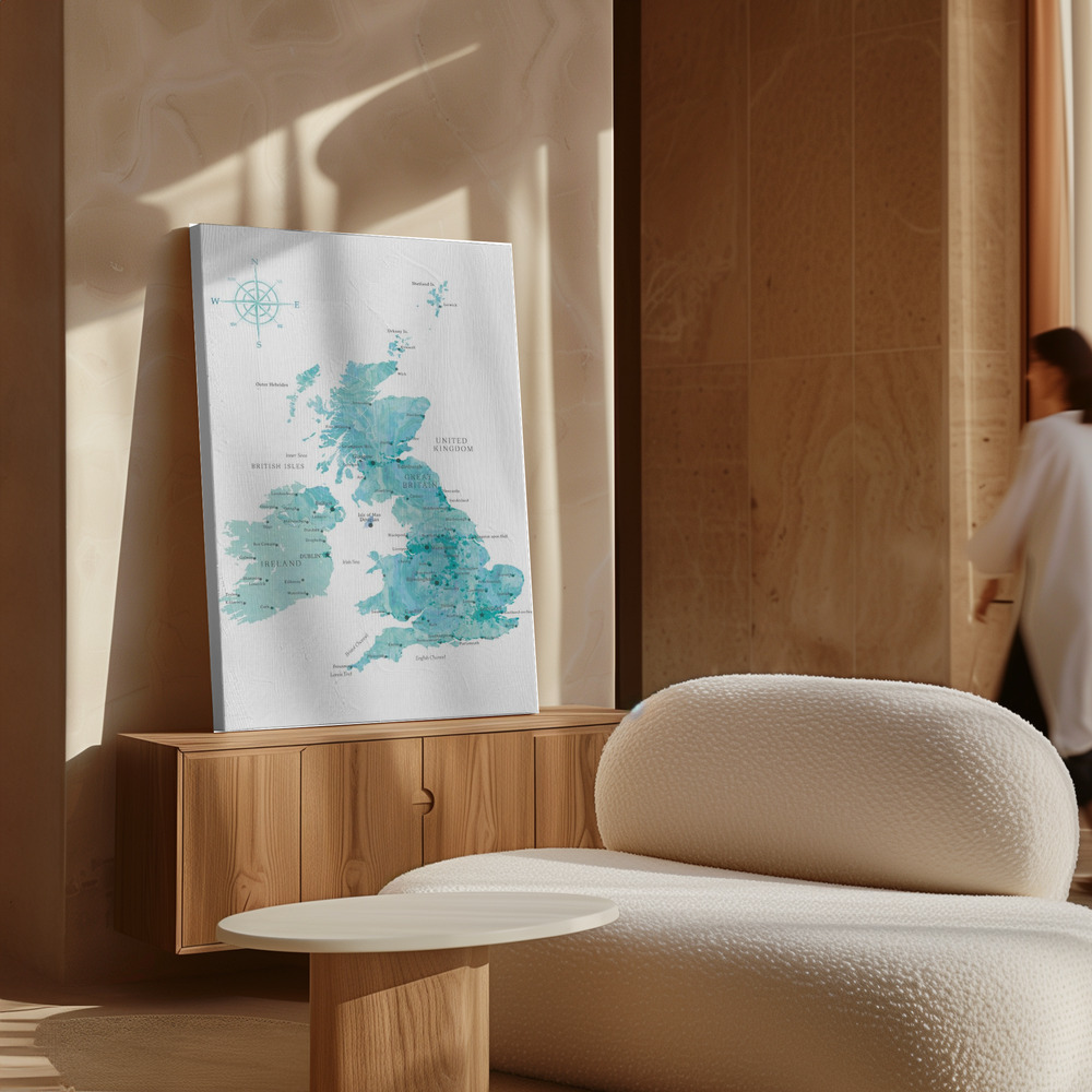 Stampe su tela - Aquamarine watercolor map of the United Kingdom sopra il mobile