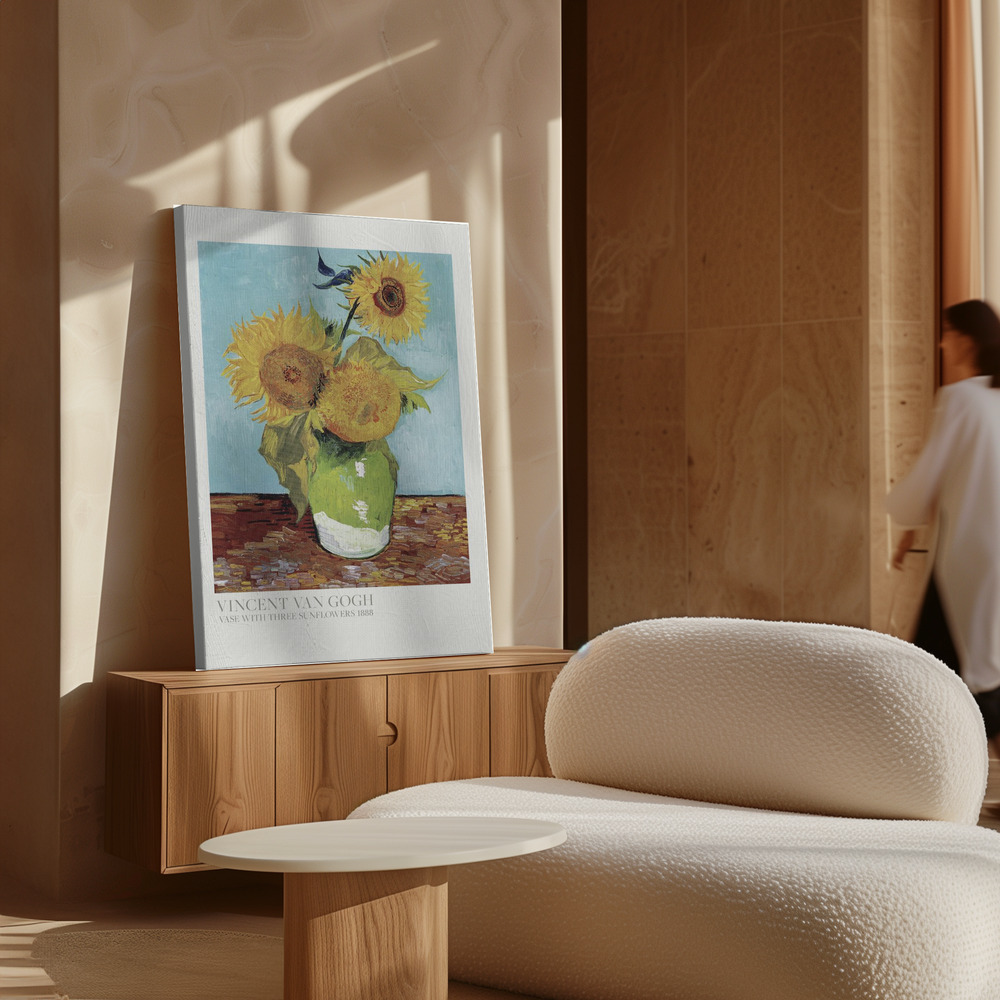 Lienzo - Vase With Three Sunflowers sobre armario