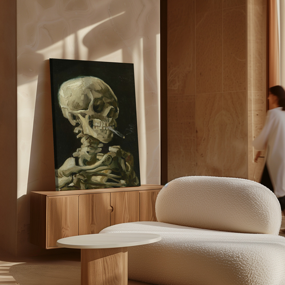 Canvas schilderi - Head of a skeleton with a burning cigarette boven kast
