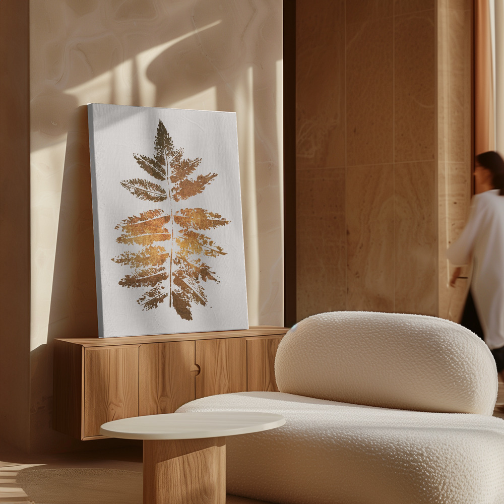 Stampe su tela - Oak Leaf Print   Gold sopra il mobile