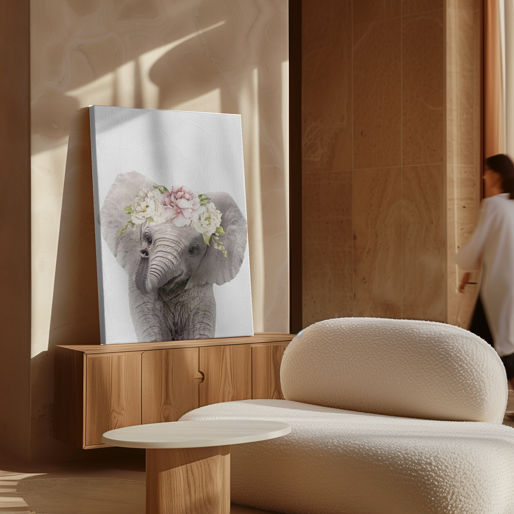Lærred - Floral Baby Elephant over skab