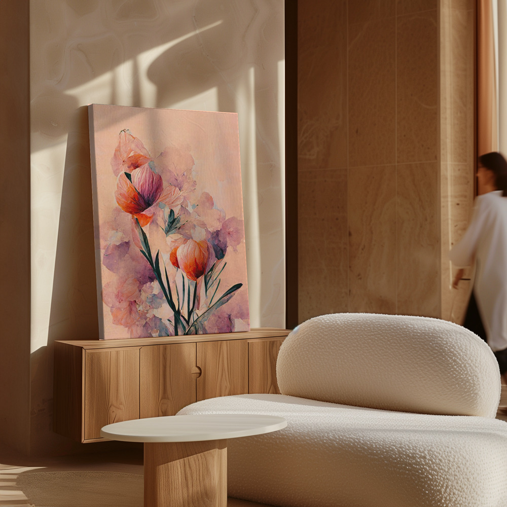 Stampe su tela - Abstract Coral Flowers (Peach) sopra il mobile