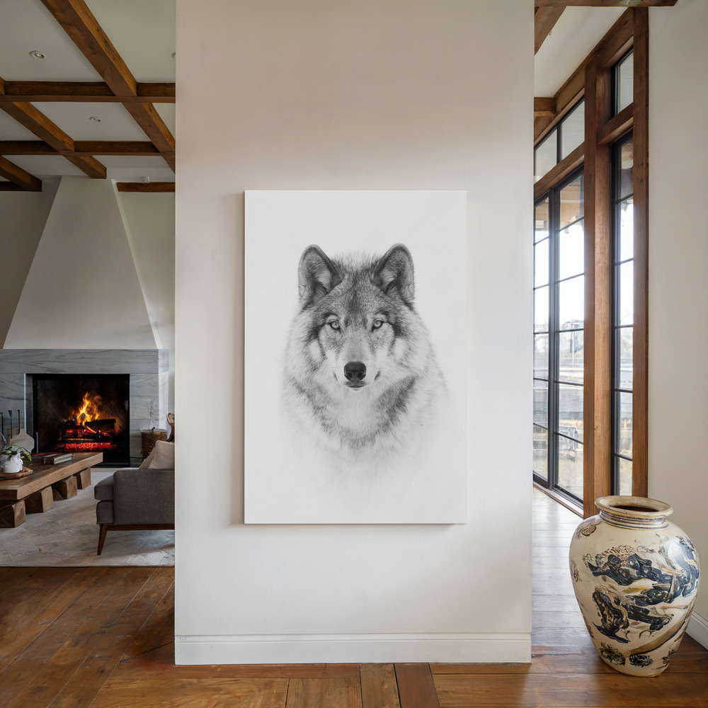 Canvas schilderi - Portrait of a Timber Wolf bij de open haard