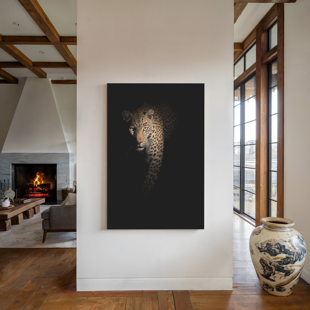 Canvas print - Leopard - Out of the darkness by the fireplace