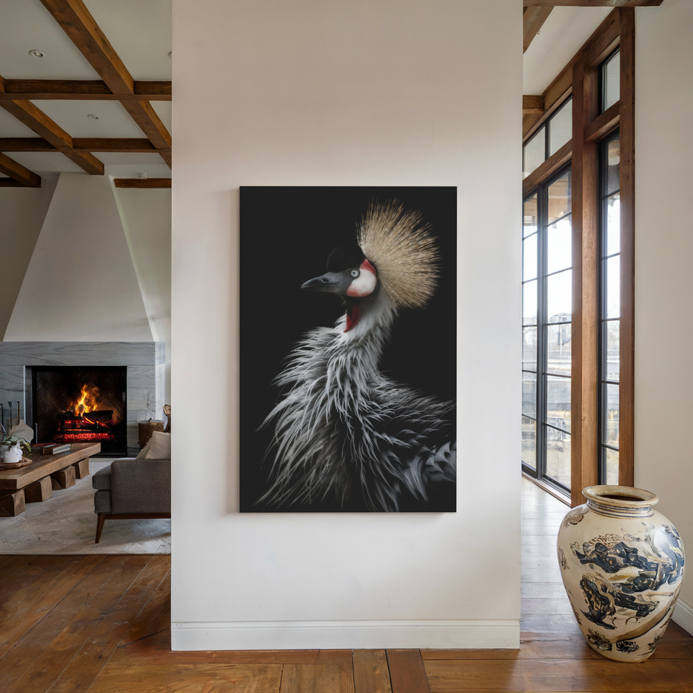 Stampe su tela - Crowned crane's portrait accanto al camino