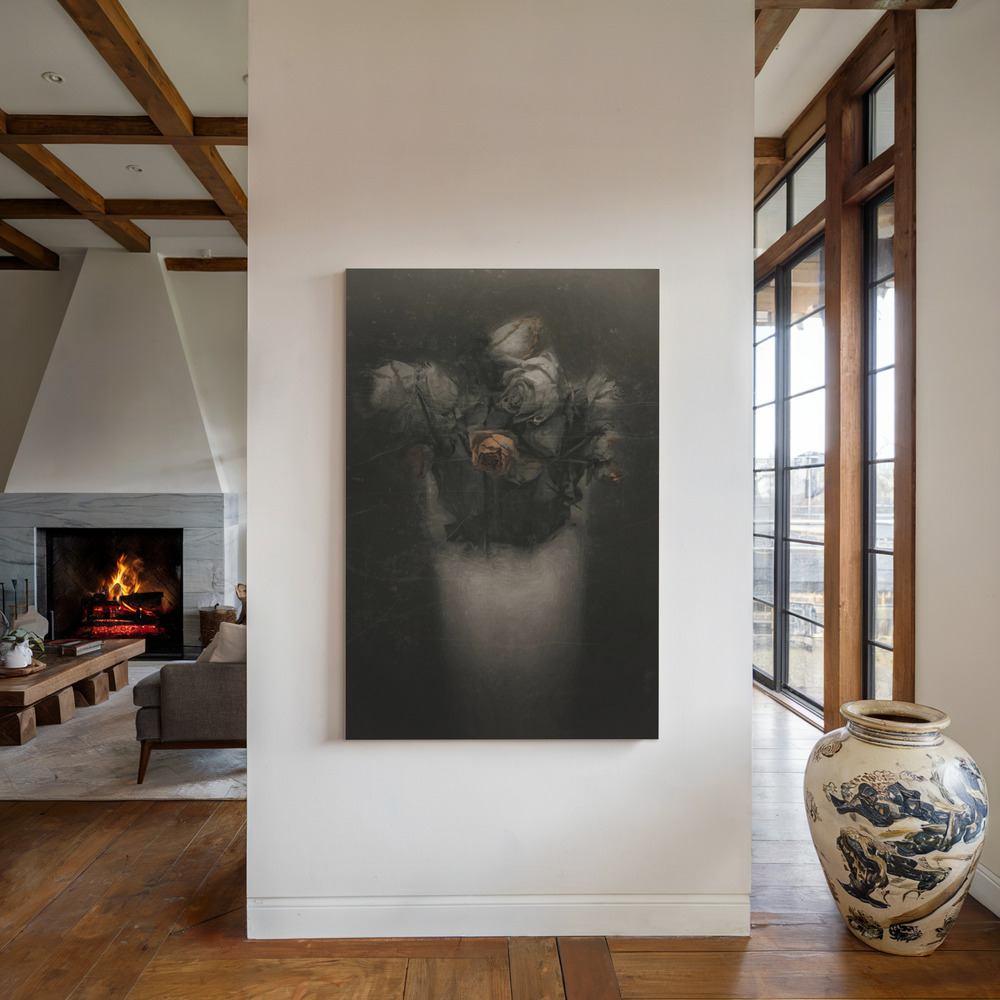 Canvas print - Grieving red old roses by the fireplace