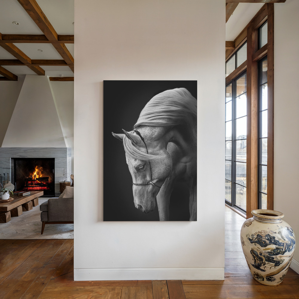Canvas print - White stallion by the fireplace