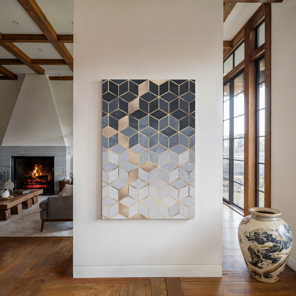 Stampe su tela - Soft Blue Gradient Cubes accanto al camino