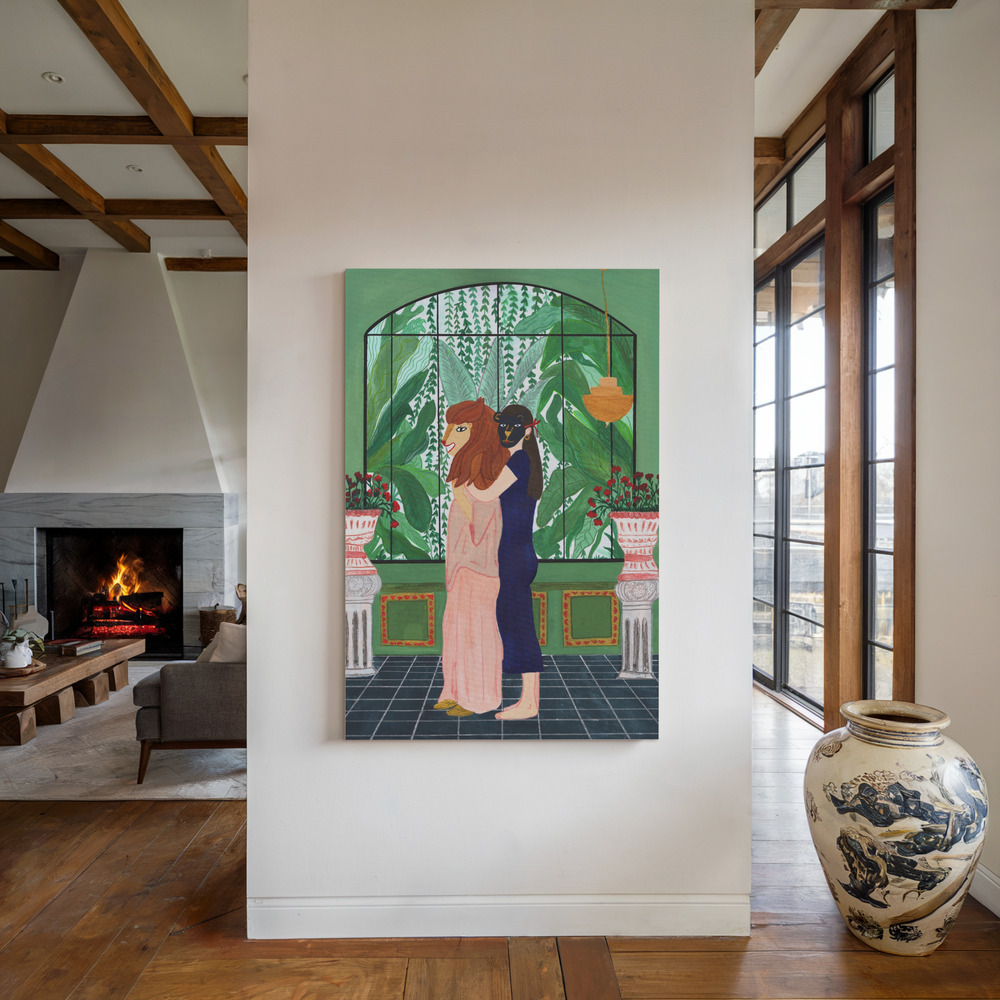 Lienzo - Lion Mom junto a la chimenea
