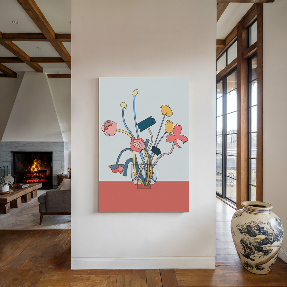 Leinwandbild - Flowers in a glass vase am Kamin