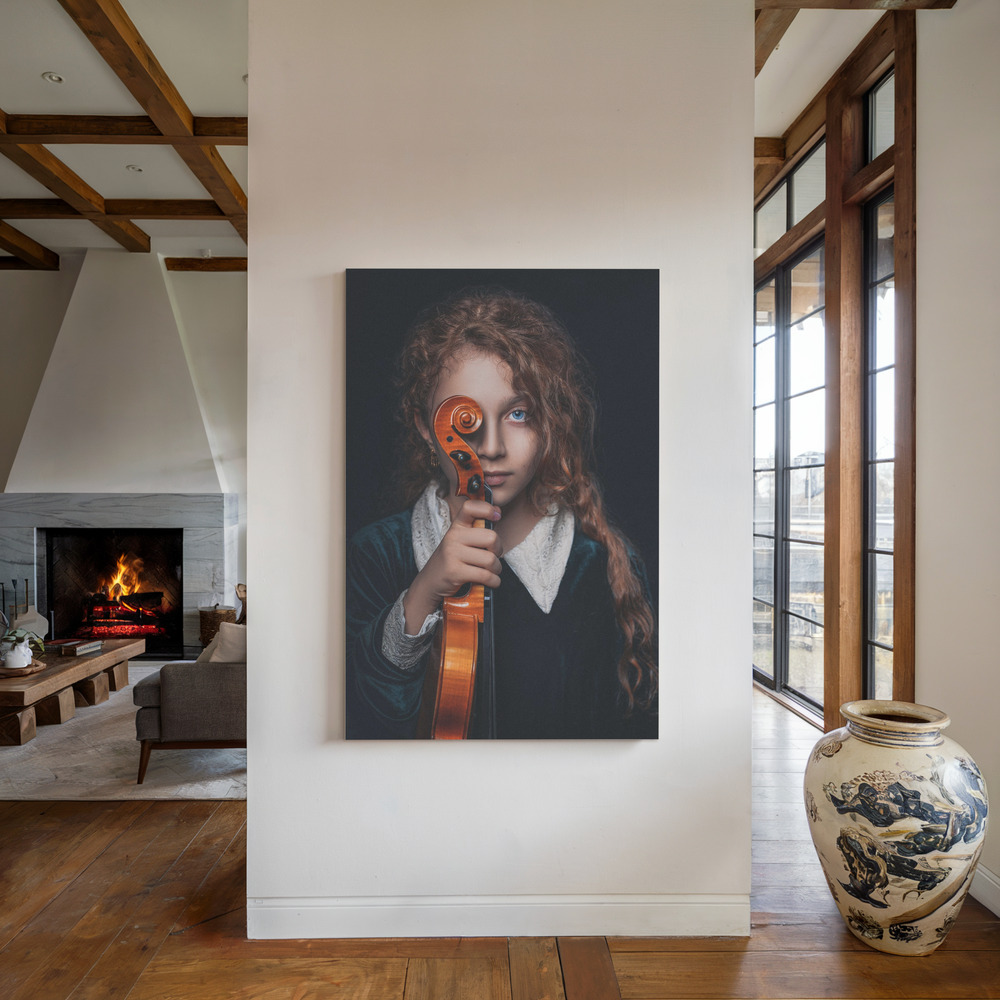 Canvas print - The daughter a violinist by the fireplace