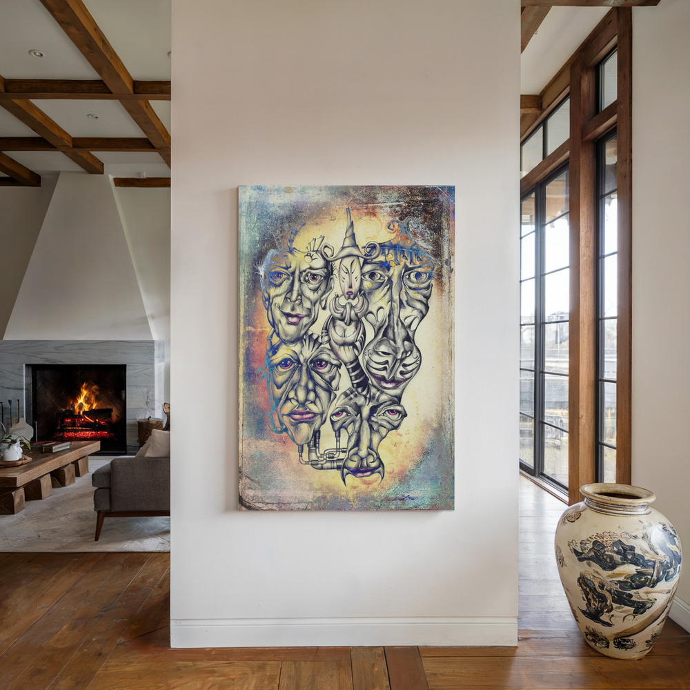 Canvas print - Shaman and faces of souls by the fireplace