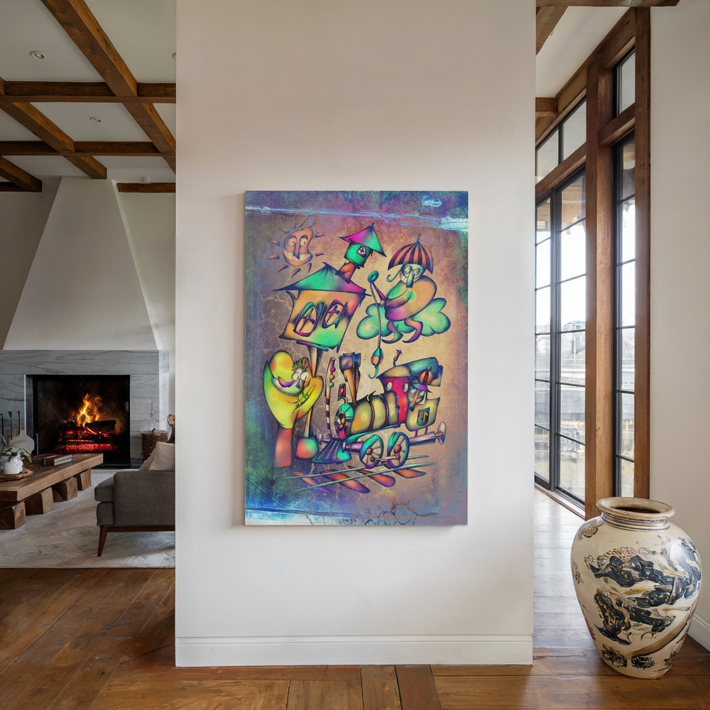 Canvas print - The umbrella man catches the locomotive by the fireplace