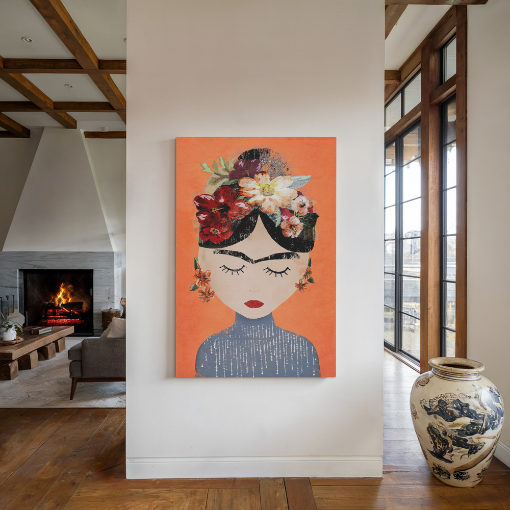 Lærred - Frida (Orange Version) ved pejsen