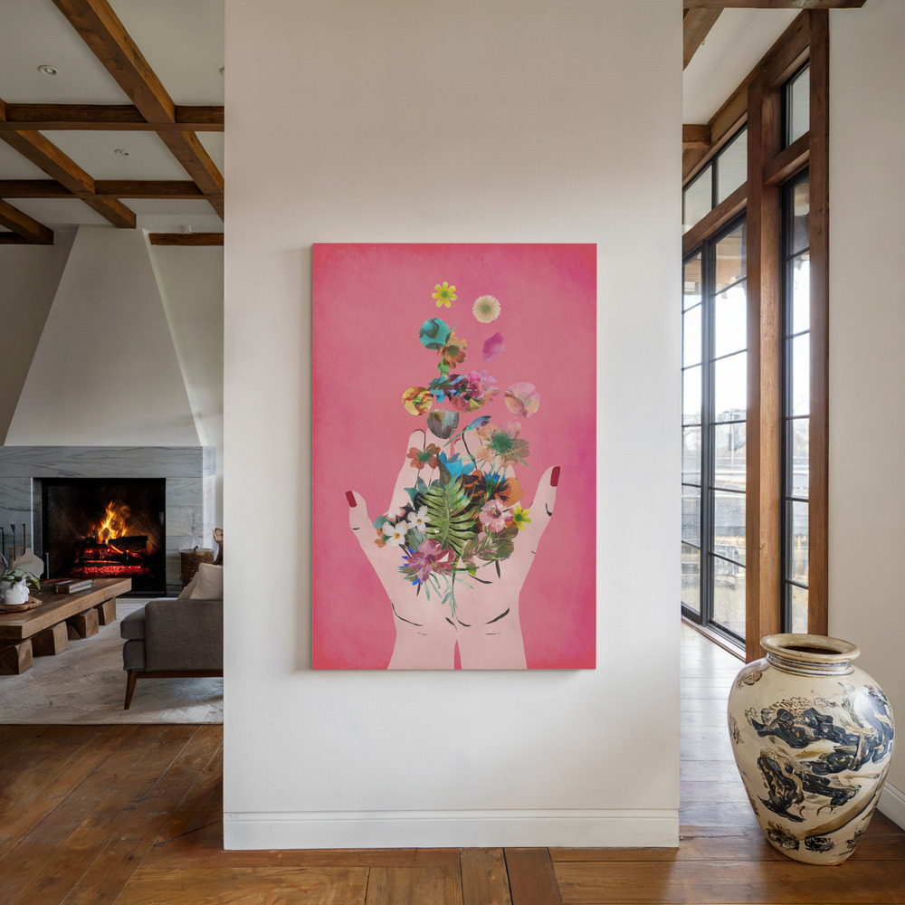 Lærred - Frida`s Hand`s (Pink Version) ved pejsen