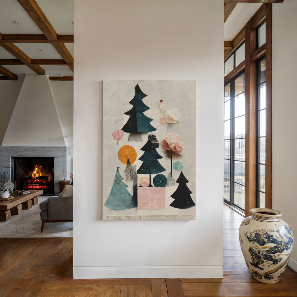 Canvas schilderi - Cute Pine Tree Composition bij de open haard