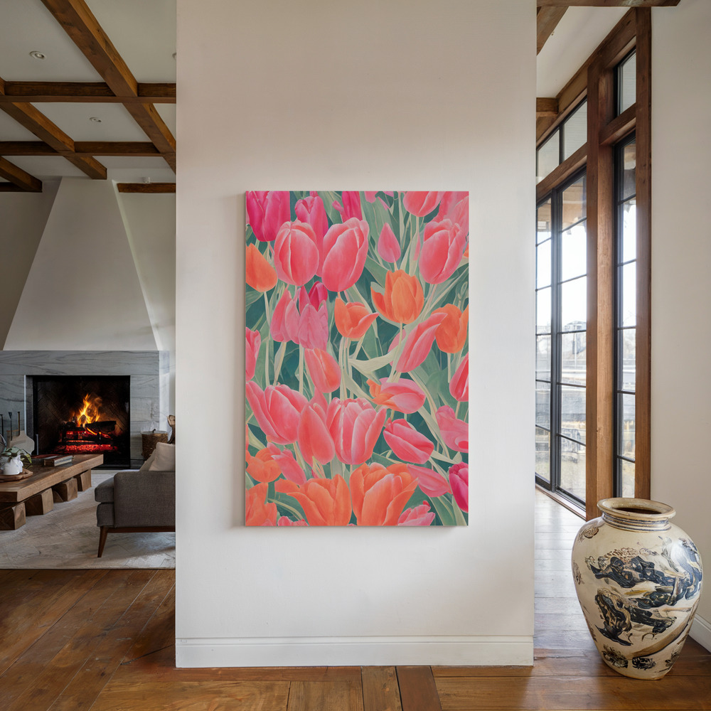 Canvas print - Pink Tulips by the fireplace