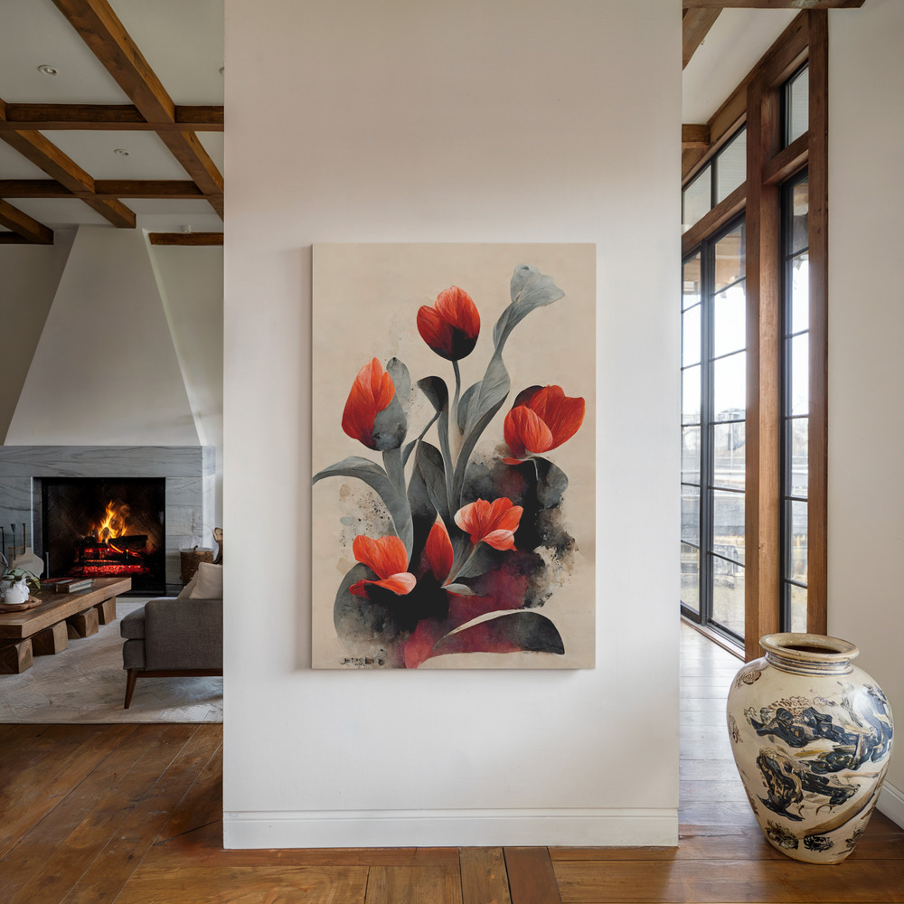 Canvas print - Red Tulips by the fireplace