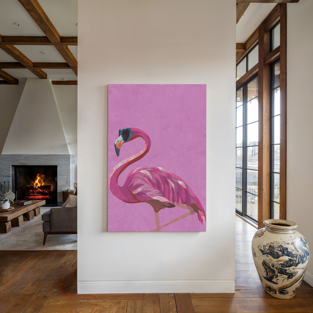 Canvas print - Magenta Metallic Flamingo by the fireplace