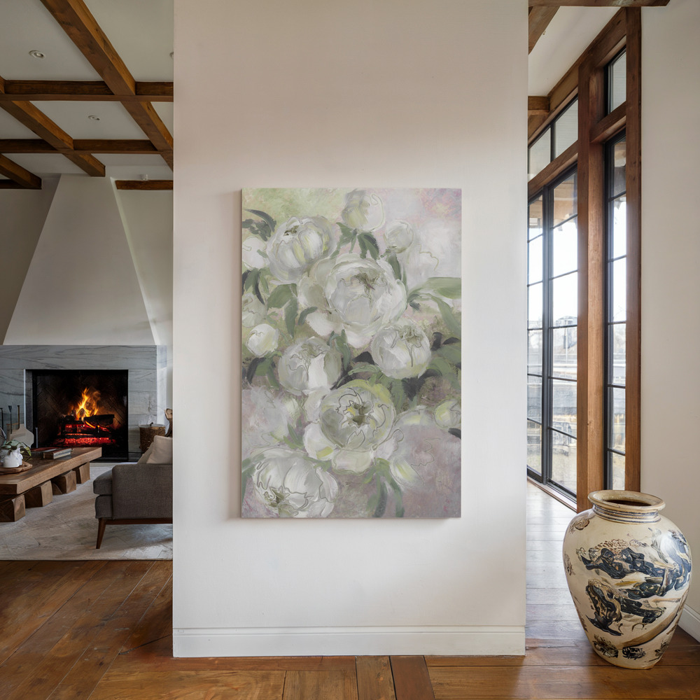 Canvas print - Sady painterly florals in green by the fireplace