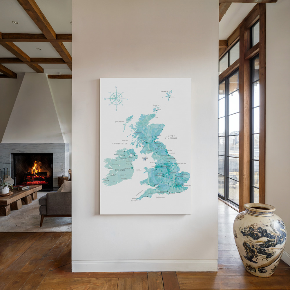 Stampe su tela - Aquamarine watercolor map of the United Kingdom accanto al camino