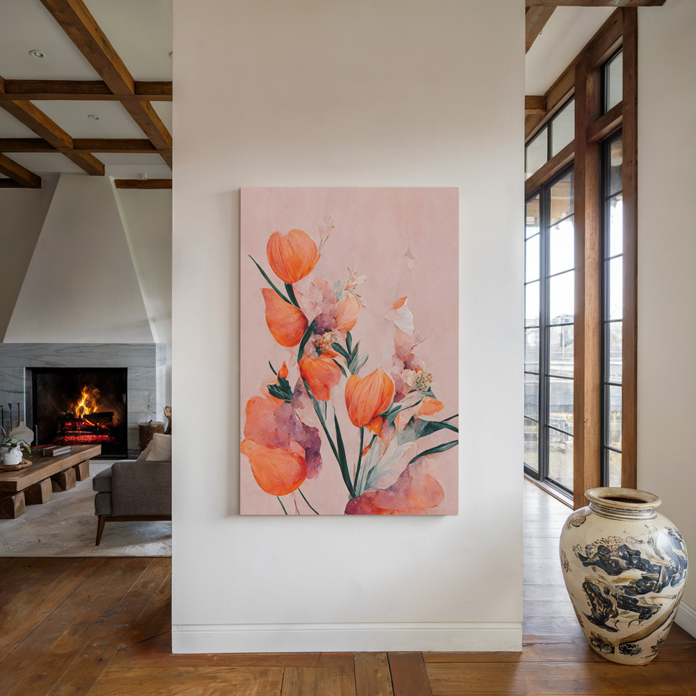 Canvas print - Orange Tulips by the fireplace