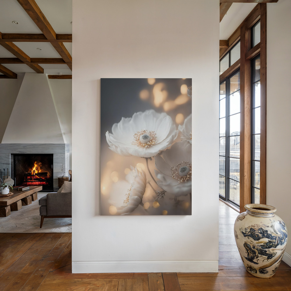 Toile - White And Golden Flowers au coin du feu