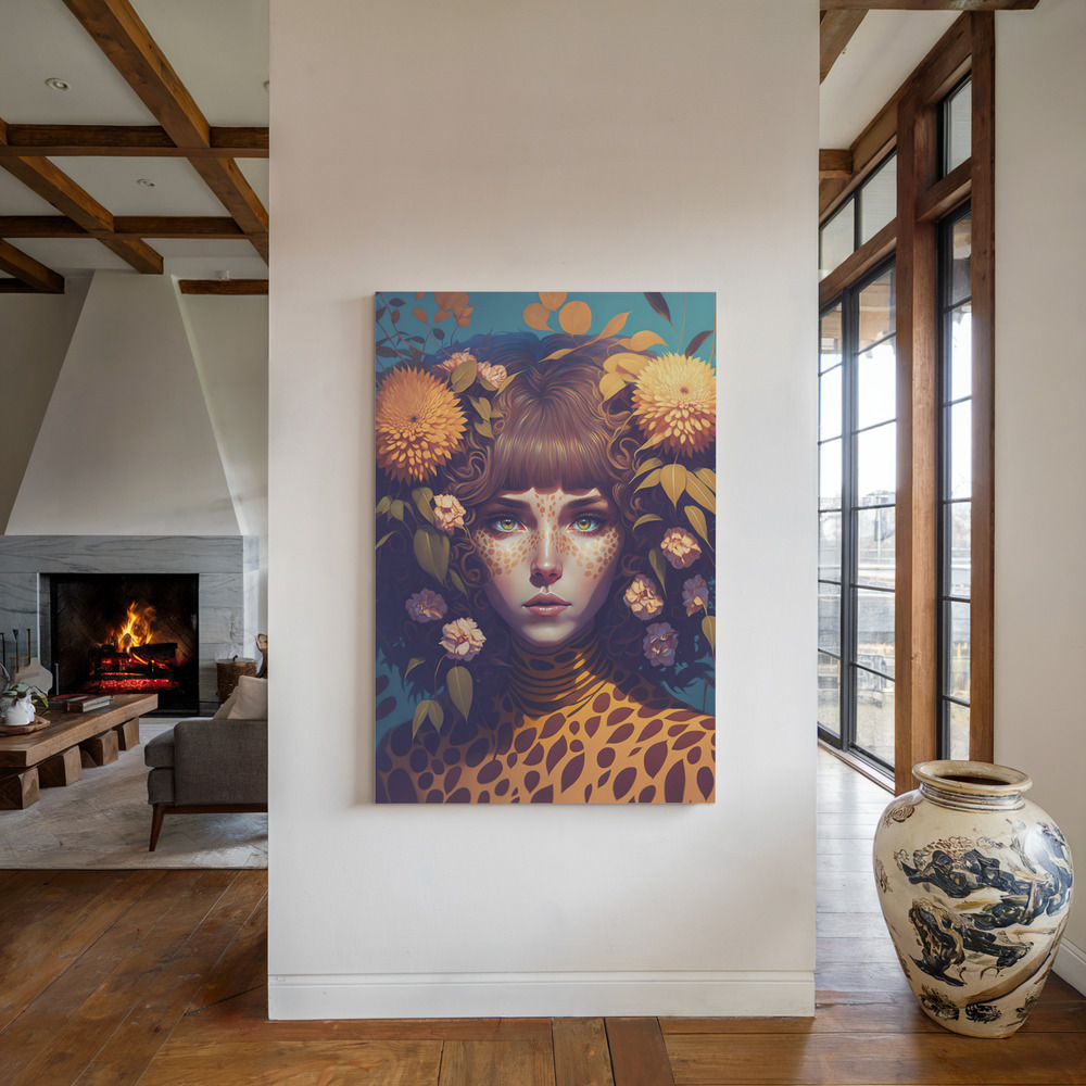 Leinwandbild - Leo Woman am Kamin