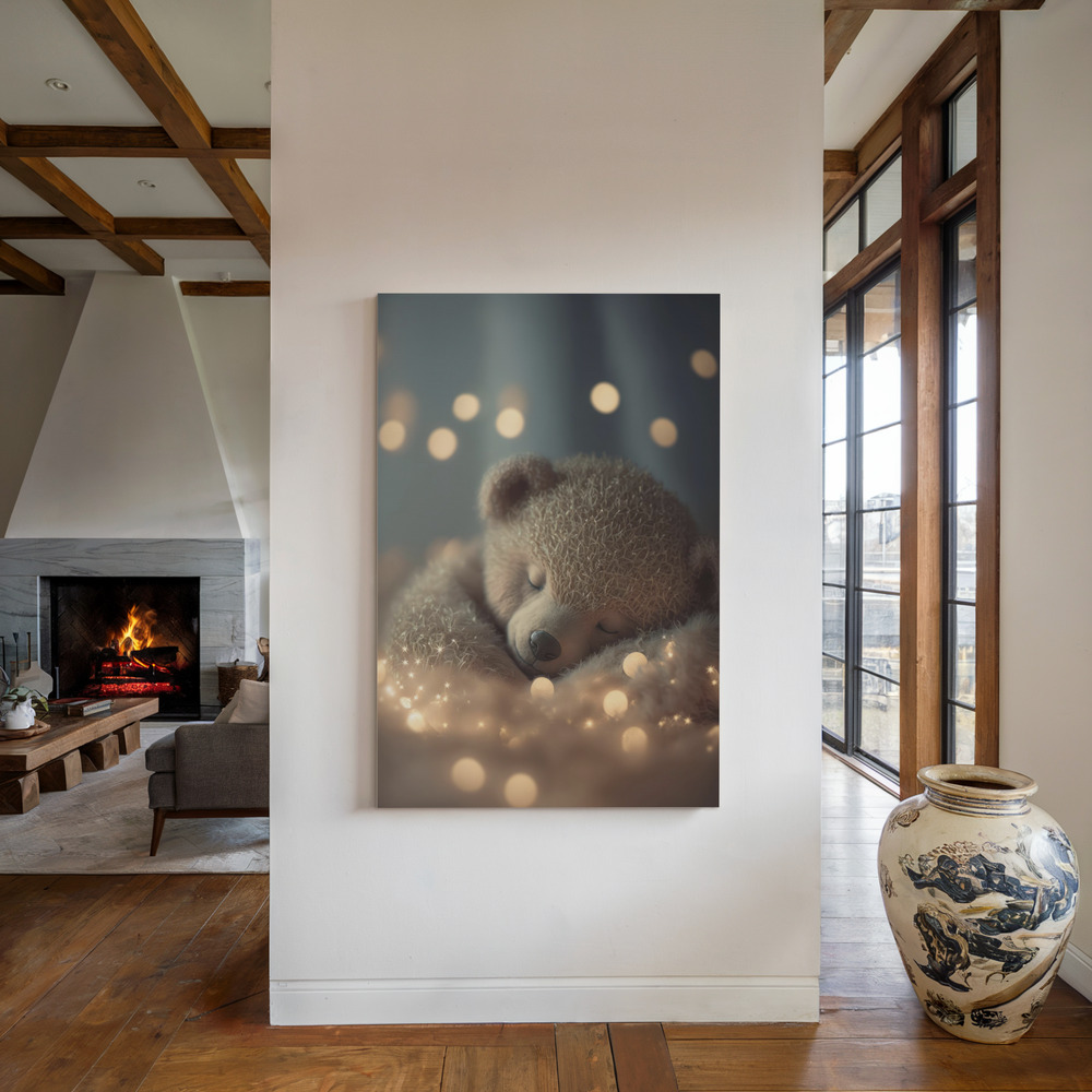 Canvas print - My Sleeping Teddy by the fireplace