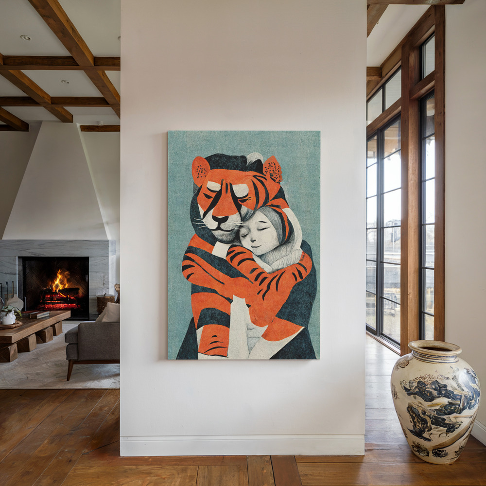 Canvas print - My Tiger And Me by the fireplace