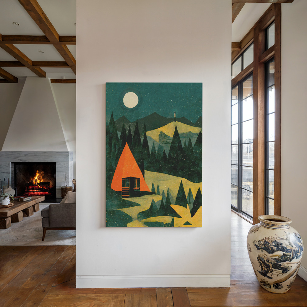 Lærred - Cabin In The Forest ved pejsen