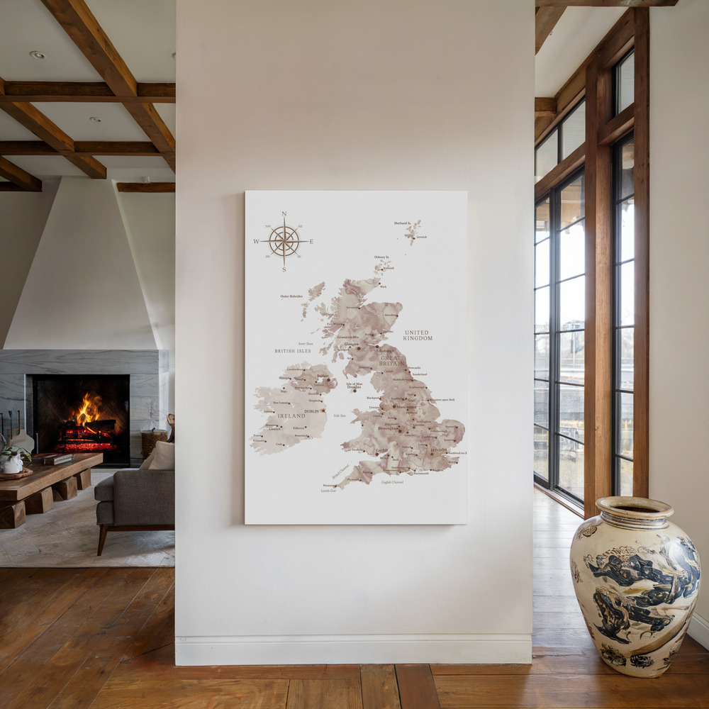Lærred - Taupe map of the United Kingdom ved pejsen