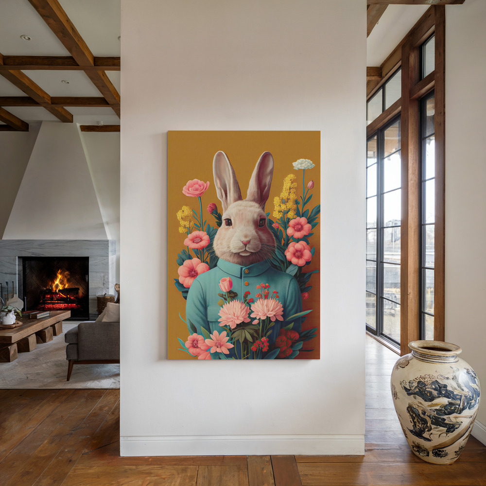 Canvas print - Mr Easter Bunny by the fireplace