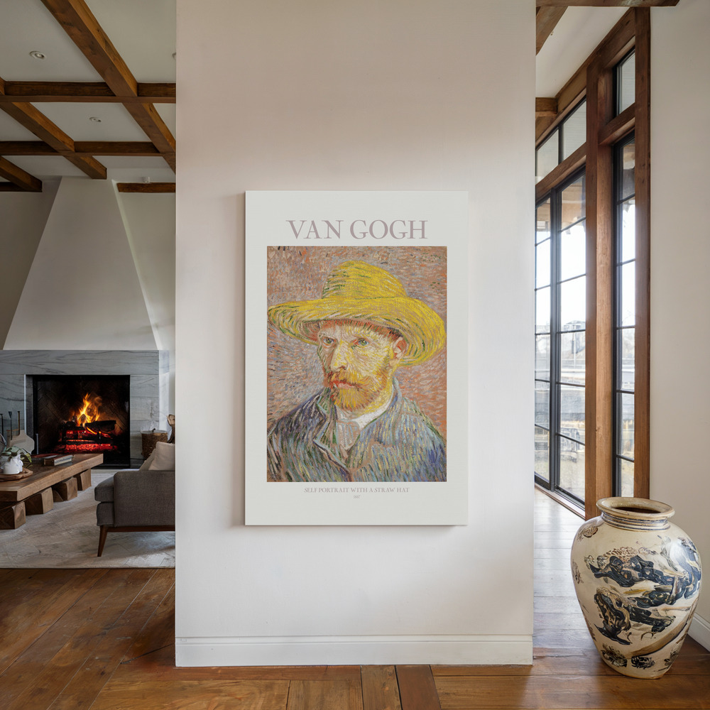 Lærred - Self Portrait With Straw Hat ved pejsen