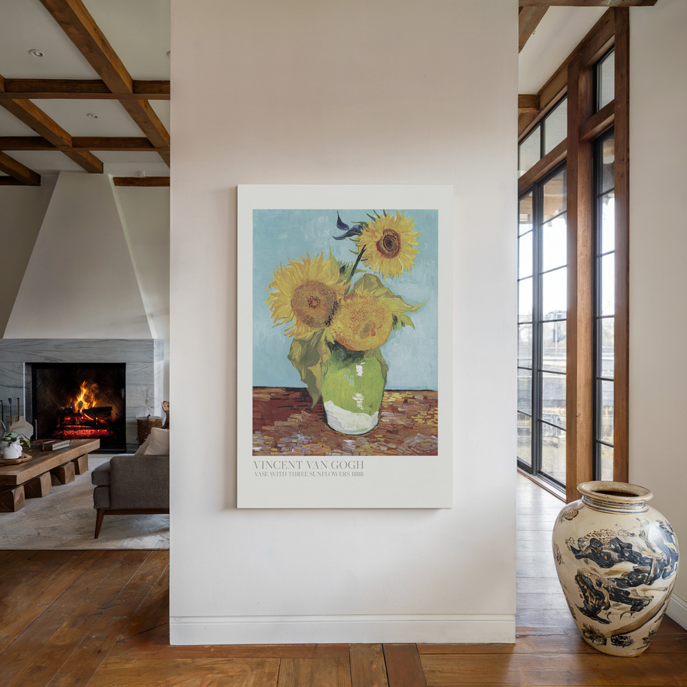 Lienzo - Vase With Three Sunflowers junto a la chimenea