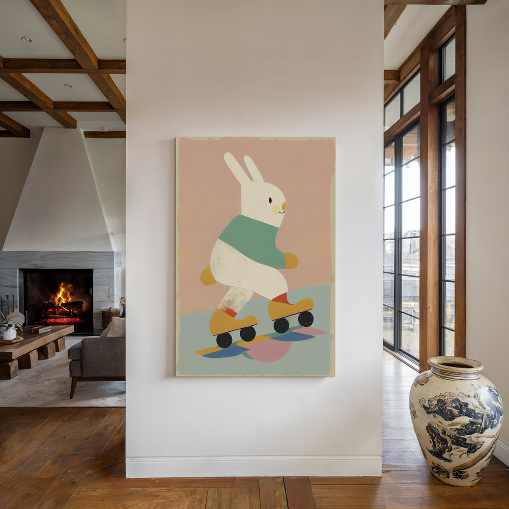 Canvas print - Skating Bunny by the fireplace