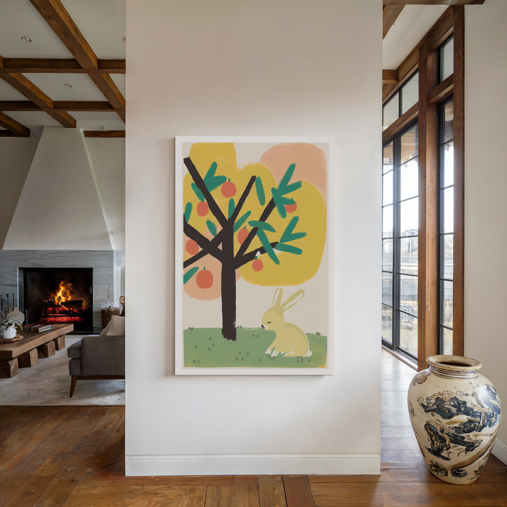 Canvas print - Bunny Under Apple Tree by the fireplace