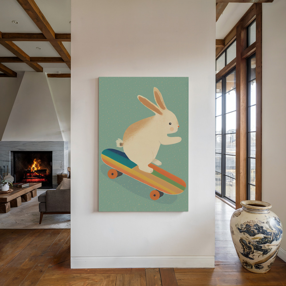Canvas print - Bunny On Skateboard by the fireplace