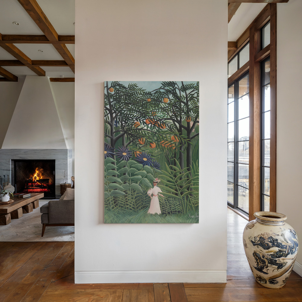 Toile - Femme Se Promenant Dans Une Foret Exotique au coin du feu