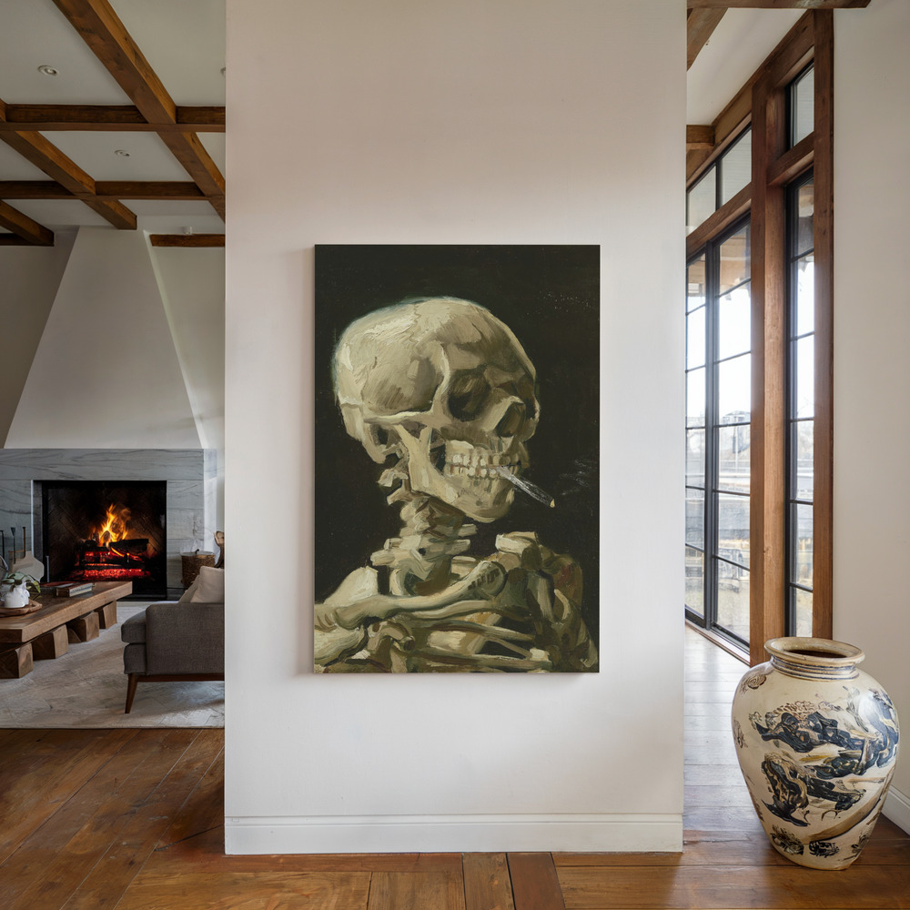 Canvas schilderi - Head of a skeleton with a burning cigarette bij de open haard