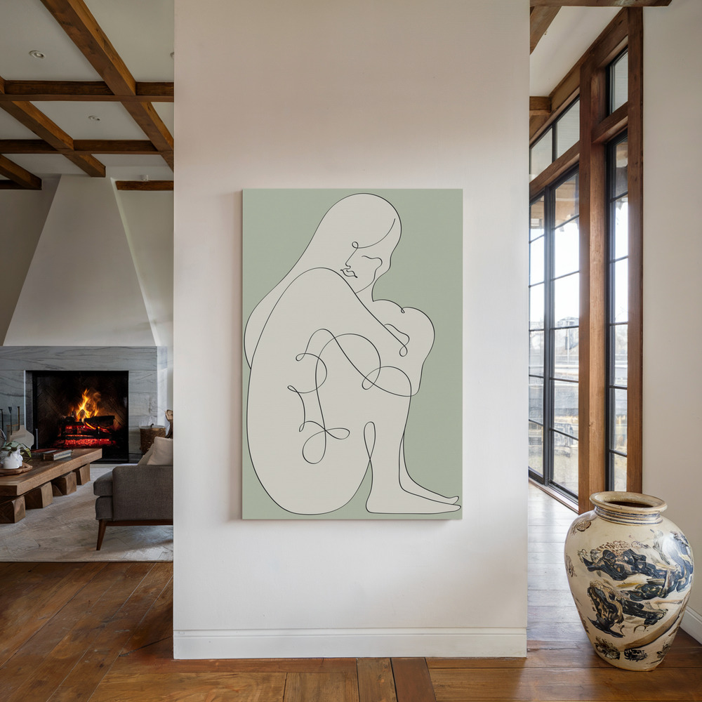 Canvas print - Sitting Woman Green by the fireplace