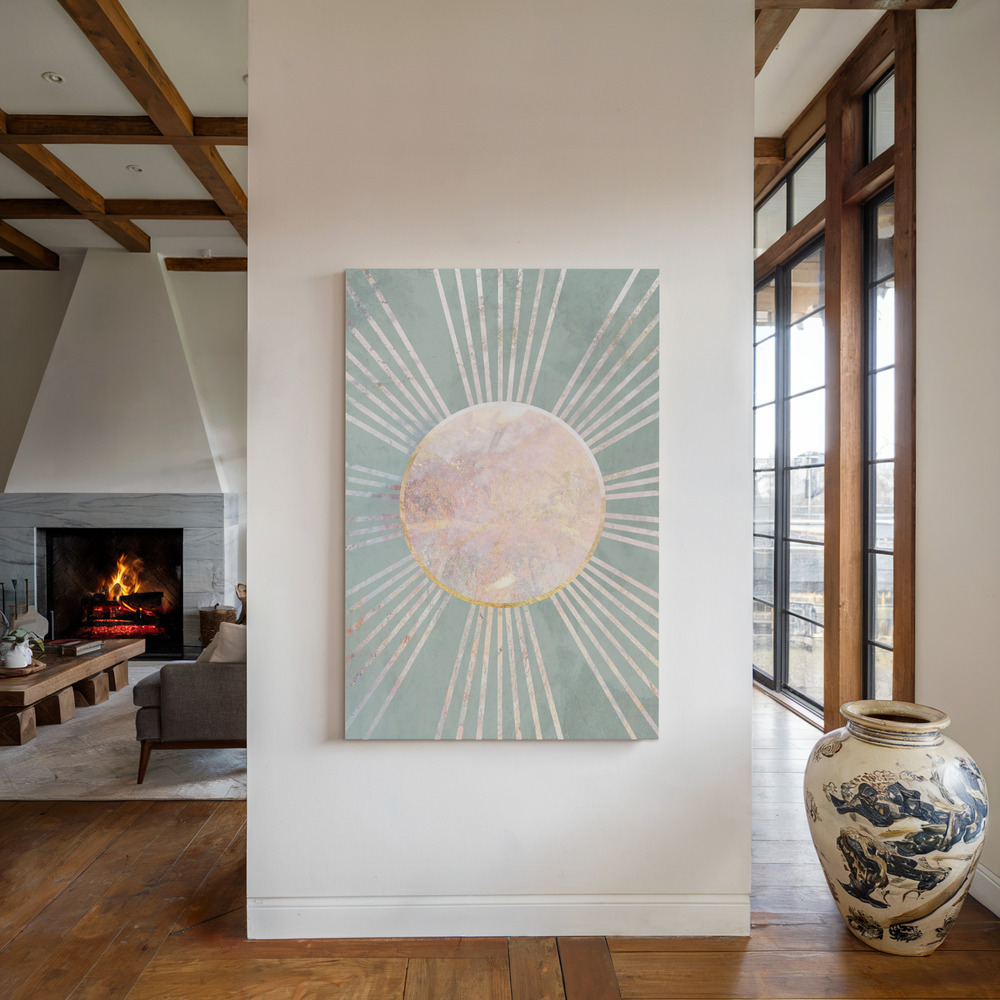 Stampe su tela - Sage Green Boho Sun Rays accanto al camino