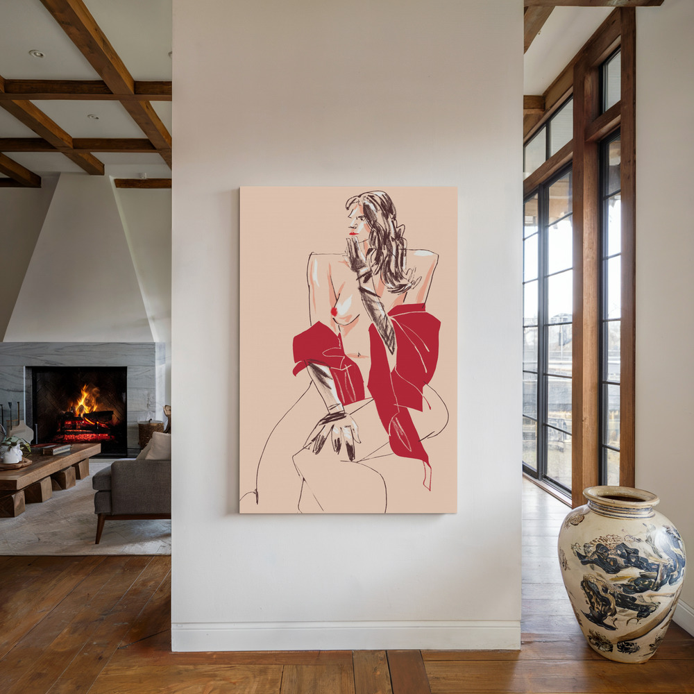 Canvas print - Girl With Gloves Beige by the fireplace