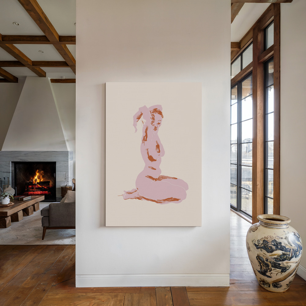 Lærred - Nude, Arms Folded Over Her Head ved pejsen
