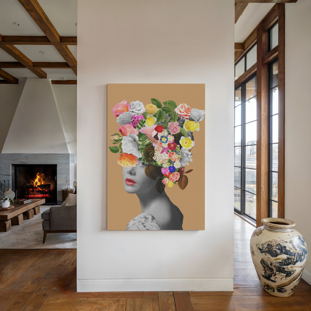 Lærred - Floral portrait ved pejsen