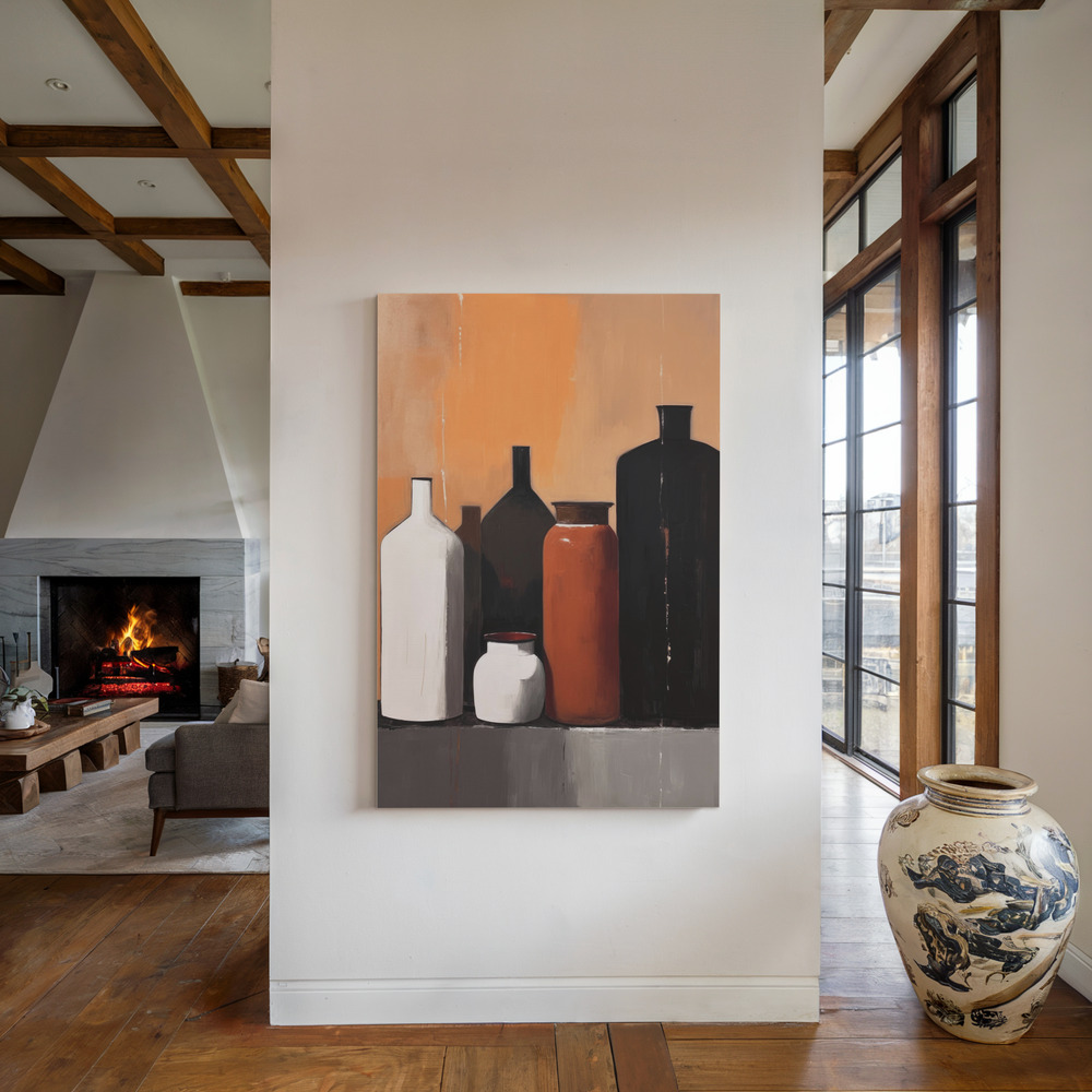 Canvas print - Still Life With Big Bottles by the fireplace